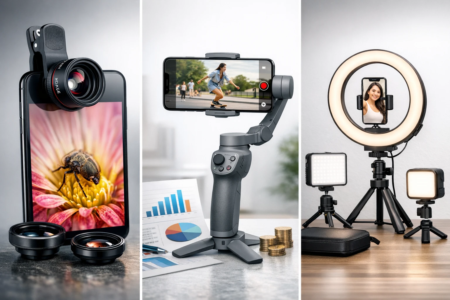 APEXEL Macro Lens vs DJI Osmo Mobile 7 vs NiceVeedi Lighting Kit – Detailed Comparison
