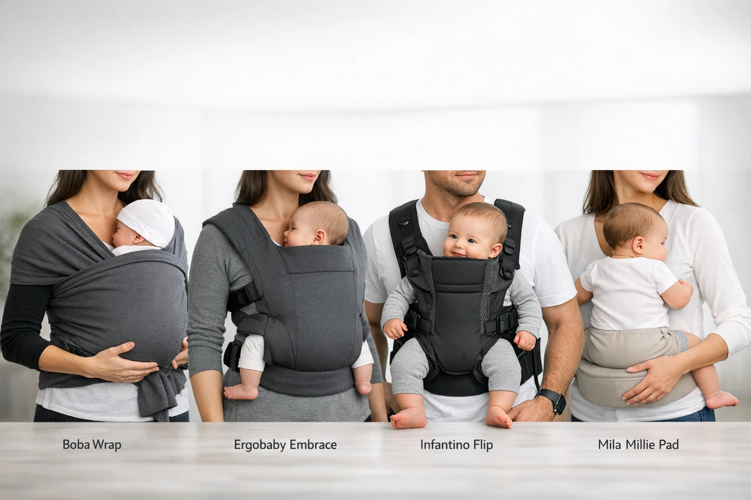 Boba Wrap vs Ergobaby Embrace vs Infantino Flip vs Mila Millie Pad Comparison