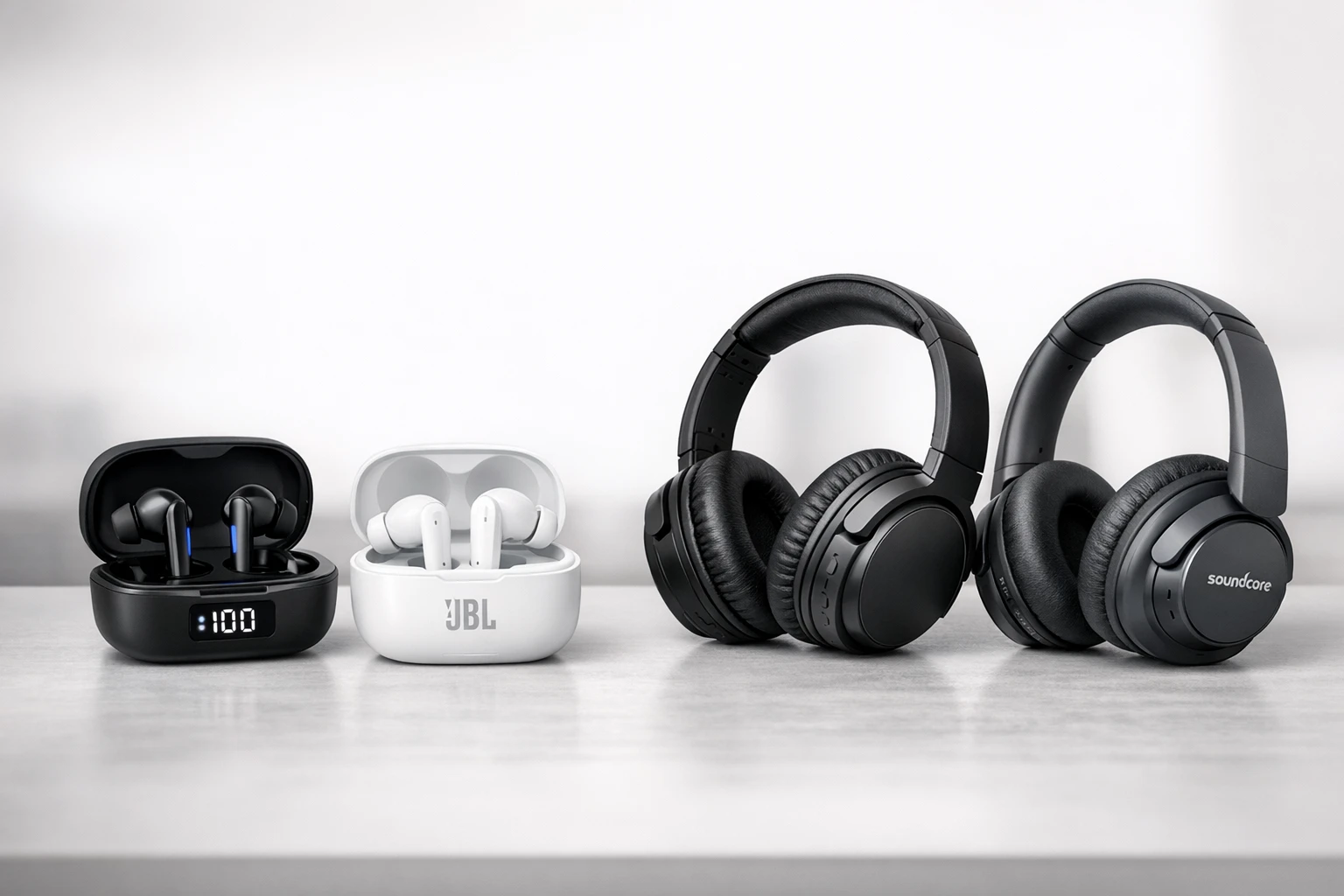 Comparison of occiam Earbuds, JBL Vibe Beam 2, KVIDIO Headphones, and Soundcore Q20