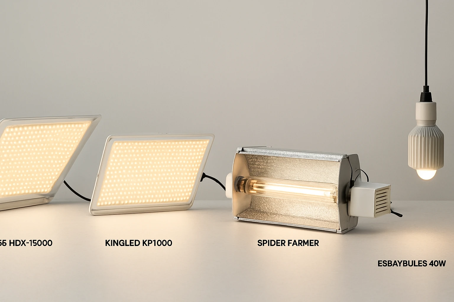 Mars Hydro TS600 vs KingLED KP1000 vs Spider Farmer SF1000 vs HPS 1000W vs Esbaybulbs 40W Grow Lights Comparison