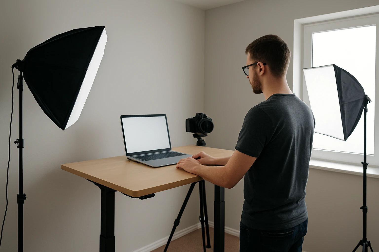 How to Set Up Photography Lighting at a Standing Desk in a Small Room