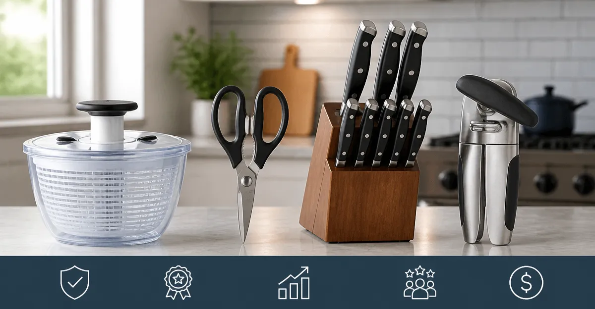 Top Kitchen Tools Comparison: OXO Spinner, KitchenAid Shears, Astercook Knife Set, Cuisinart Can Opener