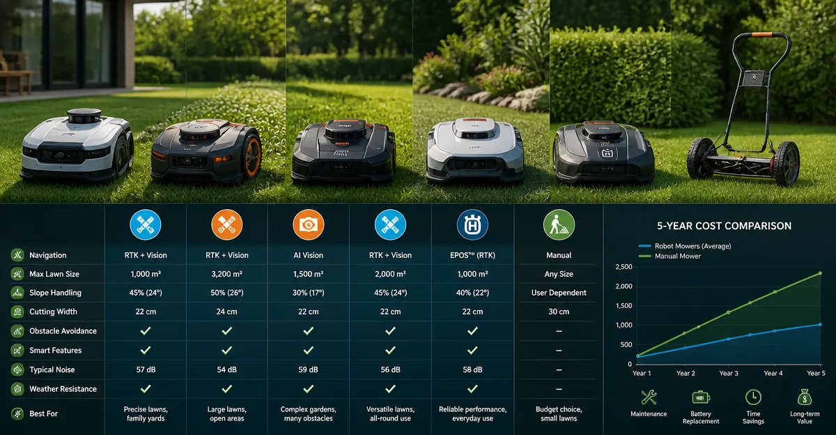 ECOVACS O1000 RTK vs Segway Navimow X430 vs WORX Landroid Vision vs ECOVACS A2000 vs Husqvarna 410iQ – In‑Depth Comparison