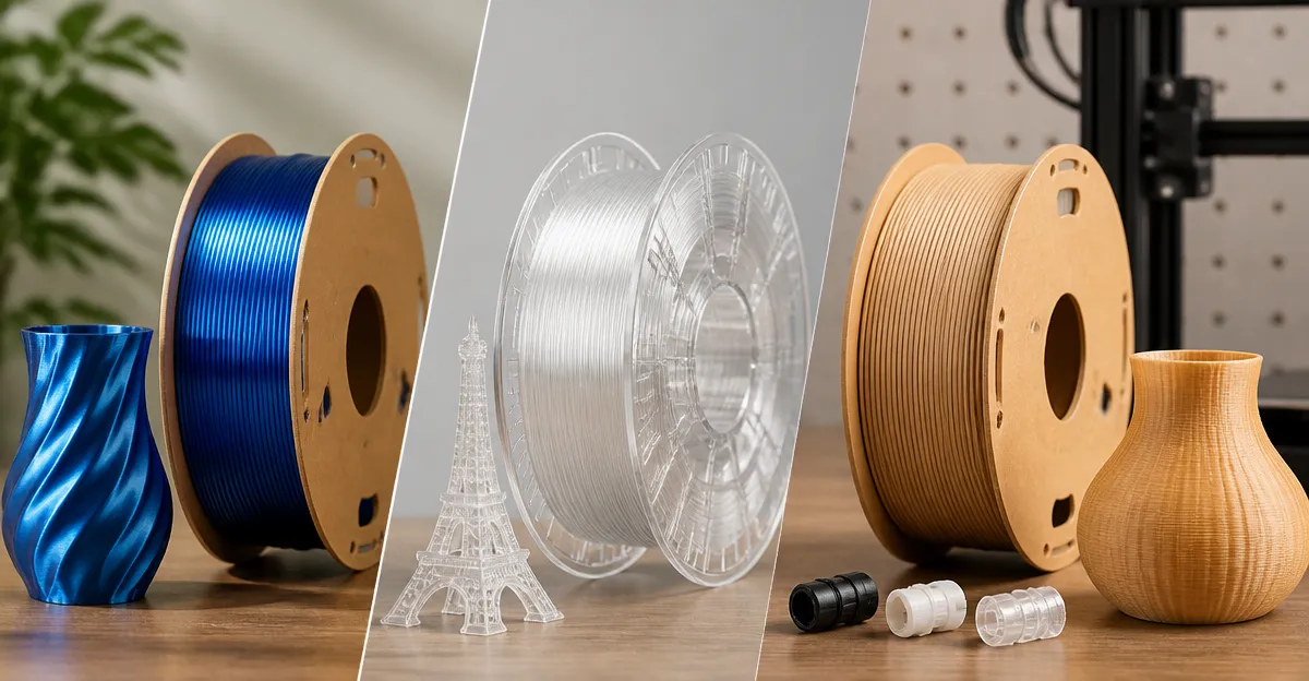 ERYONE Silk PLA vs SUNLU Transparent & OVV3D Wood PLA + Filament Connectors
